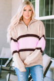 Apricot Striped Color Block Knit Zip Collared Sweater