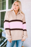 Apricot Striped Color Block Knit Zip Collared Sweater