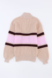 Apricot Striped Color Block Knit Zip Collared Sweater