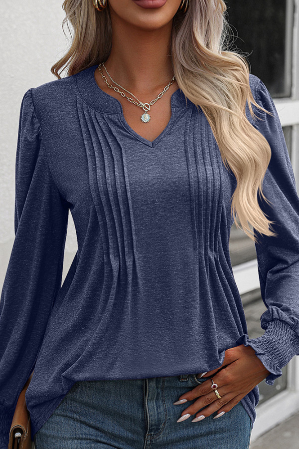 Puff Sleeves U Neck Plain Ruffle Top