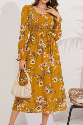 Smocked Long Sleeves Floral Maxi Dress