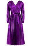 V Neck Smocked Puff Sleeves Satin Dress