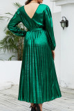 V Neck Smocked Puff Sleeves Satin Dress