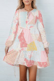 Multicolor Floral Puff Sleeve Buttoned V-Neck Dress