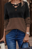 V Neck Strappy Color Block Long Sleeves Top