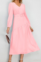 Plain V Neck Splicing Dress with Belt