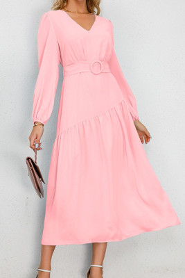 Plain V Neck Splicing Dress with Belt
