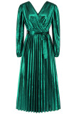 V Neck Smocked Puff Sleeves Satin Dress