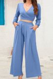 Plain V Neck Crop Top With Wide Leg Pants 2pcs Set