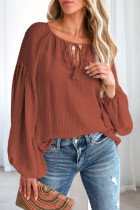 Brown Lantern Sleeve Stripe Tassel Drawstring Blouse