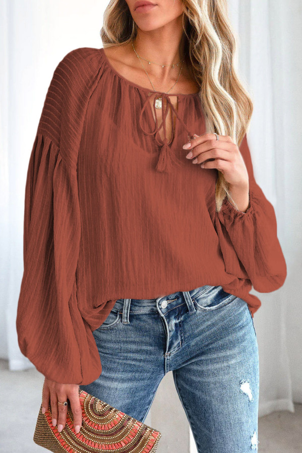 Brown Lantern Sleeve Stripe Tassel Drawstring Blouse