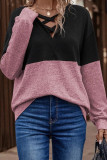 V Neck Strappy Color Block Long Sleeves Top