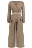 Plain V Neck Crop Top With Wide Leg Pants 2pcs Set
