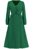 Plain V Neck Twisted Pleated Maxi Dress