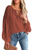 Brown Lantern Sleeve Stripe Tassel Drawstring Blouse