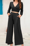 Plain V Neck Crop Top With Wide Leg Pants 2pcs Set