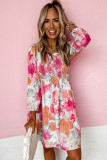 White Floral Print Smocked Puff Sleeve Mini Dress