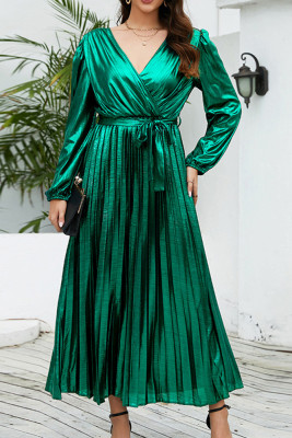 V Neck Smocked Puff Sleeves Satin Dress
