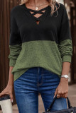 V Neck Strappy Color Block Long Sleeves Top