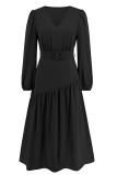 Plain V Neck Splicing Dress with Belt