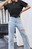Plain Short Sleeves Ribbed Knitting Top