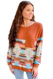 Brown Western Aztec Patchwork Long Sleeve Top
