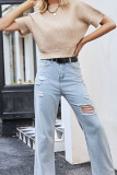 Plain Short Sleeves Ribbed Knitting Top