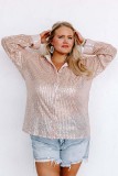 Apricot Sequin Long Sleeve Button-Up Plus Size Shirt