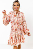 Orange Bubble Sleeve Cinched Waist Floral Dress