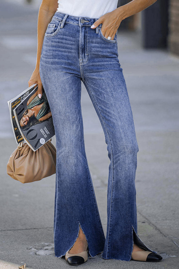 Blue Washed Split Flare Jeans Pants