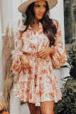 Orange Bubble Sleeve Cinched Waist Floral Dress