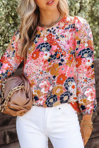 Red Floral Crewneck Long Sleeve Blouse