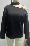 Plain One Shoulder Chain Strap Long Sleeves Top