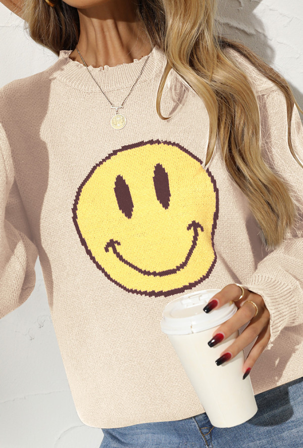 Smile Face Raw Hem Knitting Sweater
