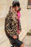 Leopard Colorblock Pocket Zipper Fuzzy Fleece Jacket