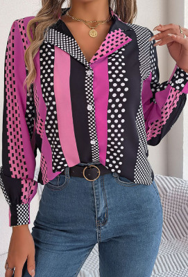 Color Block Spot Print Button Blouse