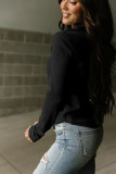 Black Trimmed Neckline Waffle Knit Henley Top