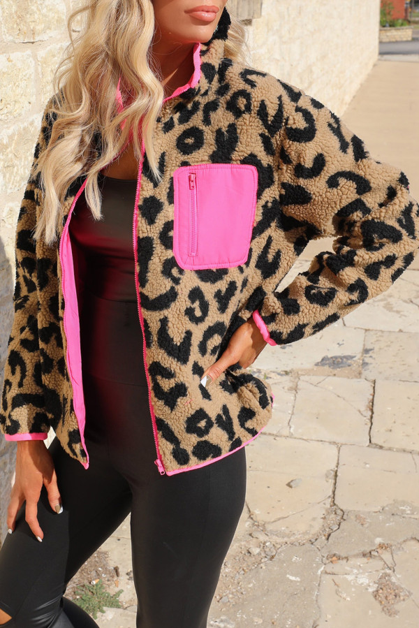 Leopard Colorblock Pocket Zipper Fuzzy Fleece Jacket