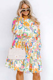 Orange Paisley Floral Print Belted Plus Size Dress