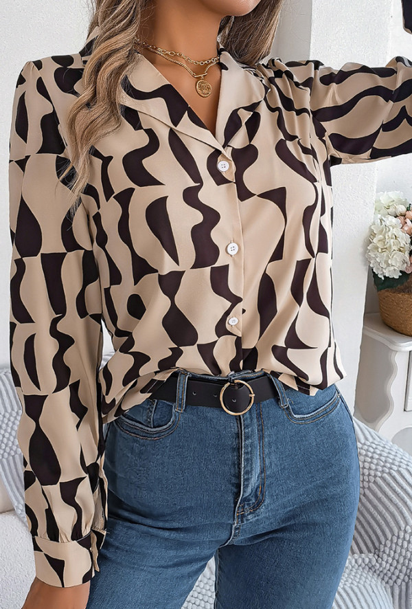 Scallop Print Button Blouse Shirt