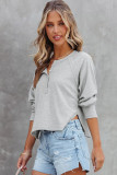 Gray Waffle Knit Side Split Buttoned Henley Top