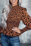 Brown Leopard Smocked Puff Sleeve Peplum Top