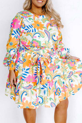 Orange Paisley Floral Print Belted Plus Size Dress