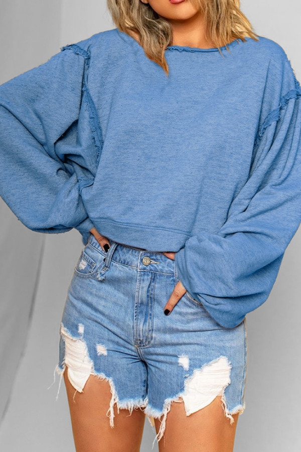 Plain Lantern Sleeves Stitching Pullover