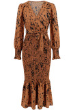 Printed Wrap V Neck Smocked Fishtail Hem Maxi Dress