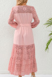Lace Neckline Long Sleeves Maxi Dress With Sash