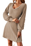 Beige Textured Knit V-Neck Bishop Sleeve Sweater Dress