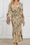Printed Wrap V Neck Smocked Fishtail Hem Maxi Dress