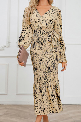 Printed Wrap V Neck Smocked Fishtail Hem Maxi Dress