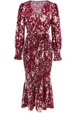 Printed Wrap V Neck Smocked Fishtail Hem Maxi Dress